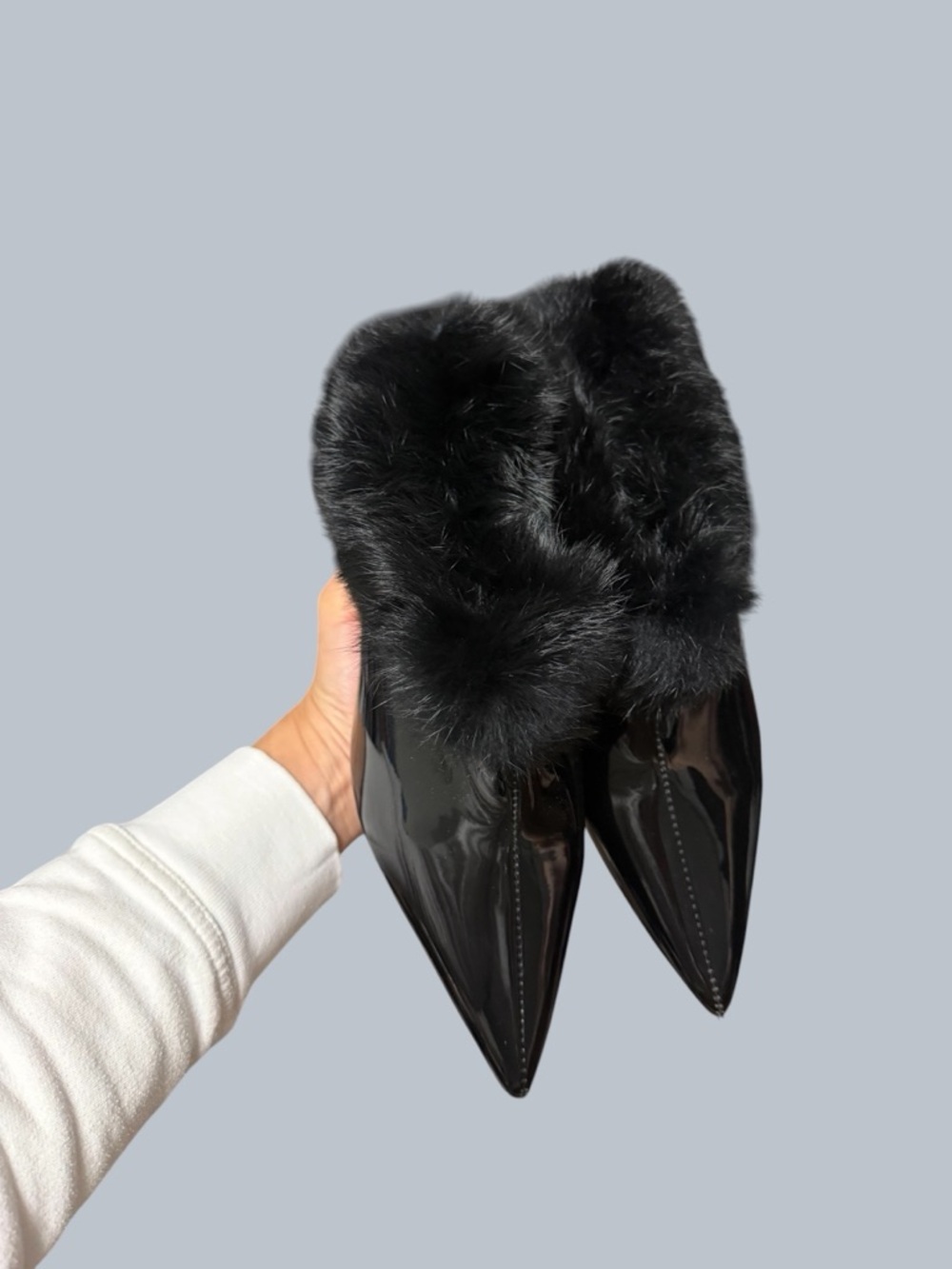 Black Faux Fur Patent Pointed-Toe Mules